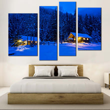 Load image into Gallery viewer, golden cabin retreat wall art snow forest canvas print in 4 panels with starry night and yellow cabin lights for your Bedroom
