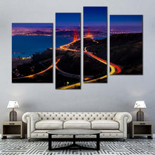 Load image into Gallery viewer, golden gate vista wall art california blue city canvas print san francisco bridge light trail 4 piece canvas In Living Room
