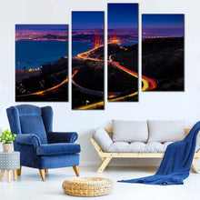 Load image into Gallery viewer, golden gate vista wall art california blue city canvas print san francisco bridge light trail 4 piece canvas for your Living Room
