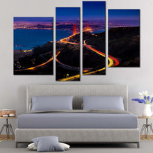 Load image into Gallery viewer, golden gate vista wall art california blue city canvas print san francisco bridge light trail 4 piece canvas for your Bedroom
