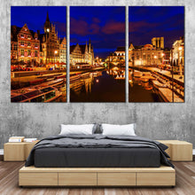 Load image into Gallery viewer, golden ghent harbors city reflection canvas wall art belgium in 3 piece canvas print for Bedroom
