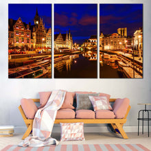 Load image into Gallery viewer, golden ghent harbors city reflection canvas wall art belgium in 3 piece canvas print In Living Room
