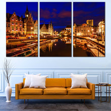 Load image into Gallery viewer, golden ghent harbors city reflection canvas wall art belgium in 3 piece canvas print for Living Room
