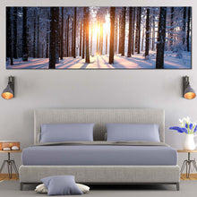 Load image into Gallery viewer, golden  hour  retreat  yellow  sunset  between  trees  wide  canvas For bedroom
