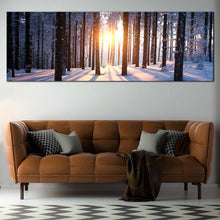 Load image into Gallery viewer, golden  hour  retreat  yellow  sunset  between  trees  wide  canvas In Living Room
