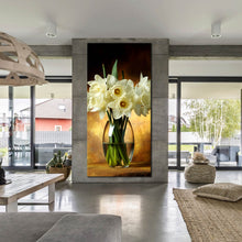 Load image into Gallery viewer, golden  vase  elegance  canvas  print  vertical  glass  vase  with  brown  tall  bouquet  of  white  flowers  canvas  wall  art In Living room
