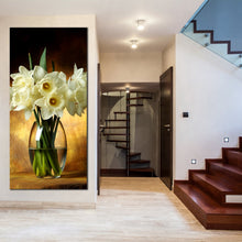 Load image into Gallery viewer, golden  vase  elegance  canvas  print  vertical  glass  vase  with  brown  tall  bouquet  of  white  flowers  canvas  wall  art
