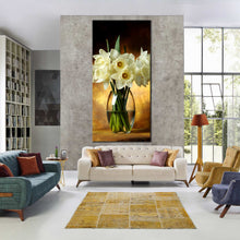 Load image into Gallery viewer, golden  vase  elegance  canvas  print  vertical  glass  vase  with  brown  tall  bouquet  of  white  flowers  canvas  wall  art For LIving Room
