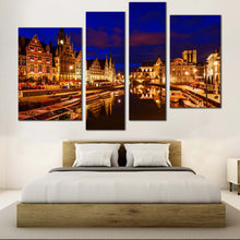 Load image into Gallery viewer, Graslei Belgium Canvas Print: Adorn your space with a beautiful gold Ghent city canvas wall art for your bedroom.
