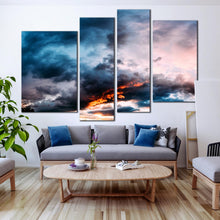 Load image into Gallery viewer, gray clouds at dawn canvas print 4 piece blue orange sunset abstract wall art for Living room
