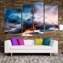 Load image into Gallery viewer, gray clouds at dawn canvas print 4 piece blue orange sunset abstract wall art In Living Room
