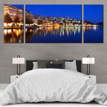 Load image into Gallery viewer, greece  houses  3  piece  canvas  wall  art  multi  piece  yellow  kastoria  city      blue  sky  cityscape  canvas  print  for Bedroom
