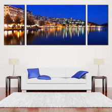 Load image into Gallery viewer, greece  houses  3  piece  canvas  wall  art  multi  piece  yellow  kastoria  city      blue  sky  cityscape  canvas  print In Living Room
