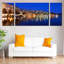 Load image into Gallery viewer, greece  houses  3  piece  canvas  wall  art  multi  piece  yellow  kastoria  city      blue  sky  cityscape  canvas  print  for Living Room
