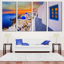 Load image into Gallery viewer, greece sunset magic canvas 4 piece canvas set of oia village orange sunset sky and blue aegean sea wall art for Living room
