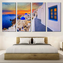 Load image into Gallery viewer, greece sunset magic canvas 4 piece canvas set of oia village orange sunset sky and blue aegean sea wall art for your Bedroom
