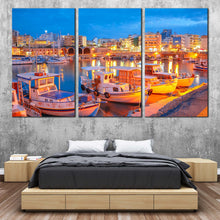 Load image into Gallery viewer, greece yellow city lights canvas print heraklion city blue sky 3 piece canvas wall art for Bedroom
