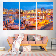 Load image into Gallery viewer, greece yellow city lights canvas print heraklion city blue sky 3 piece canvas wall art for Living Room
