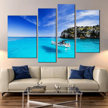 Load image into Gallery viewer, green menorca island spain canvas wall art 4 piece sailing boat at harbour canvas print for Living room
