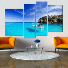 Load image into Gallery viewer, green menorca island spain canvas wall art 4 piece sailing boat at harbour canvas print for your Living Room
