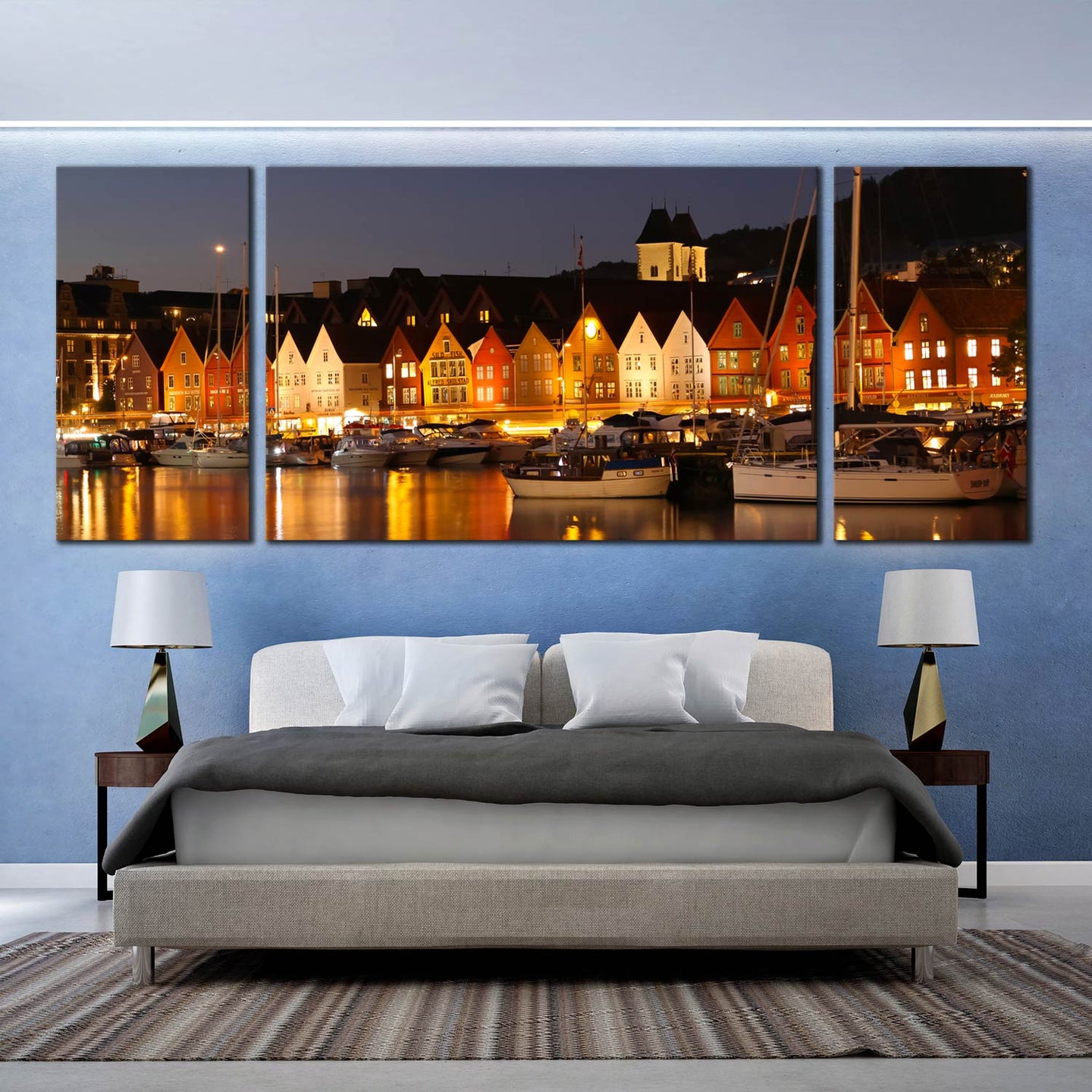 grey  night  canals  canvas  print  scandinavia  harbor  triptych  canvas  wall  art  for  bedroom