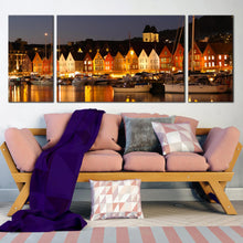 Load image into Gallery viewer, grey  night  canals  canvas  print  scandinavia  harbor  triptych  canvas  wall  art In Living Room
