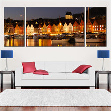 Load image into Gallery viewer, grey  night  canals  canvas  print  scandinavia  harbor  triptych  canvas  wall  art  for Living Room
