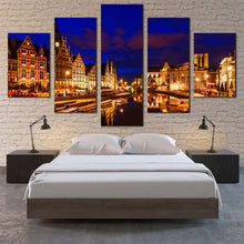 Load image into Gallery viewer, harbors city canvas wall art graslei belgium beneath a blue cloudy sky in a 5 piece canvas print for Bedroom
