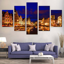 Load image into Gallery viewer, harbors city canvas wall art graslei belgium beneath a blue cloudy sky in a 5 piece canvas print In Living Room
