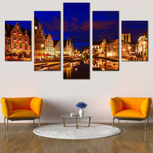 Load image into Gallery viewer, harbors city canvas wall art graslei belgium beneath a blue cloudy sky in a 5 piece canvas print for your Living Room
