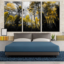 Load image into Gallery viewer, harmonious contrasts canvas print black and yellow contemporary fall landscape triptych canvas wall art for Bedroom
