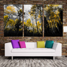 Load image into Gallery viewer, harmonious contrasts canvas print black and yellow contemporary fall landscape triptych canvas wall art In Living Room
