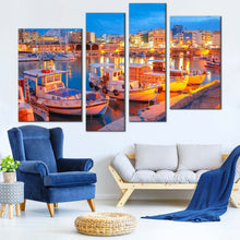 Load image into Gallery viewer, heraklion city 4 piece canvas wall art blue sky harbors canals seascape canvas print In Living Room
