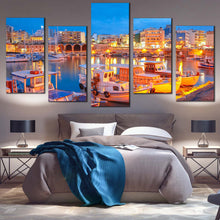 Load image into Gallery viewer, heraklion cityscape canvas print yellow river reflection 5 piece canvas wall art for Bedroom
