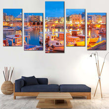 Load image into Gallery viewer, heraklion cityscape canvas print yellow river reflection 5 piece canvas wall art In Living Room
