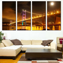 Load image into Gallery viewer, hong kong purple tsing ma bridge 4 piece canvas wall art yellow city bridge lights canvas print For Living room
