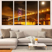 Load image into Gallery viewer, hong kong purple tsing ma bridge 4 piece canvas wall art yellow city bridge lights canvas print In Living room
