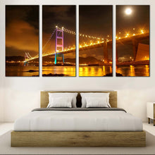 Load image into Gallery viewer, hong kong purple tsing ma bridge 4 piece canvas wall art yellow city bridge lights canvas print for your Bedroom
