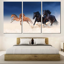 Load image into Gallery viewer, horses herd canvas wall art running black brown galloping 3 piece triptych canvas print for Bedroom
