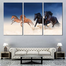 Load image into Gallery viewer, horses herd canvas wall art running black brown galloping 3 piece triptych canvas print In Your Living Room
