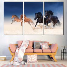 Load image into Gallery viewer, horses herd canvas wall art running black brown galloping 3 piece triptych canvas print for your Living Room
