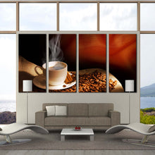 Load image into Gallery viewer, hot coffee wall art coffee beans white cup multi canvas artwork brown cinnamon sticks 4 piece canvas print In Living room
