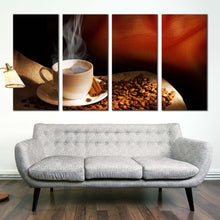 Load image into Gallery viewer, hot coffee wall art coffee beans white cup multi canvas artwork brown cinnamon sticks 4 piece canvas print for Your Living room
