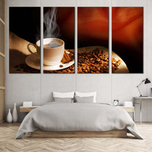 Load image into Gallery viewer, hot coffee wall art coffee beans white cup multi canvas artwork brown cinnamon sticks 4 piece canvas print for your Bedroom
