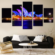 Load image into Gallery viewer, illuminated sky canvas print orange sydney opera house canvas set beautiful city skyline 5 piece wall art for Living room
