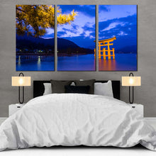 Load image into Gallery viewer, itsukushima shrine wall art blue city beach scene tranquil ocean mountain 3 piece canvas print for Bedroom
