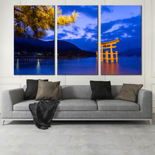 Load image into Gallery viewer, itsukushima shrine wall art blue city beach scene tranquil ocean mountain 3 piece canvas print In Living Room
