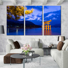 Load image into Gallery viewer, itsukushima shrine wall art blue city beach scene tranquil ocean mountain 3 piece canvas print for Living Room
