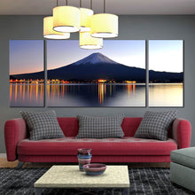 Load image into Gallery viewer, japanese  blue  mountain  night  reflection  3  piece  wall  art  mount  fuji  orange  lake  photography  multi  canvas In Living Room
