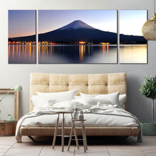 Load image into Gallery viewer, japanese  blue  mountain  night  reflection  3  piece  wall  art  mount  fuji  orange  lake  photography  multi  canvas  for Living Room
